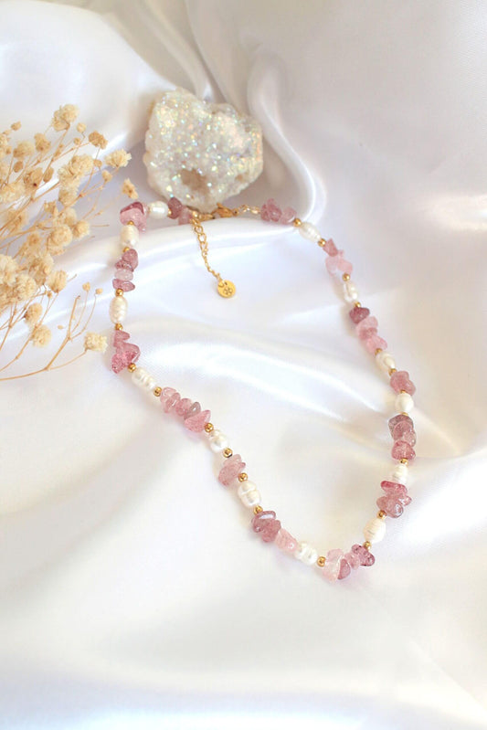 "Luau Party" | Natural Strawberry Quartz Crystal & Freshwater Pearls Choker-0