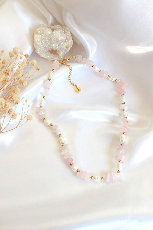 "Luau Party" | Natural Rose Quartz Crystal & Freshwater Pearls Choker-0
