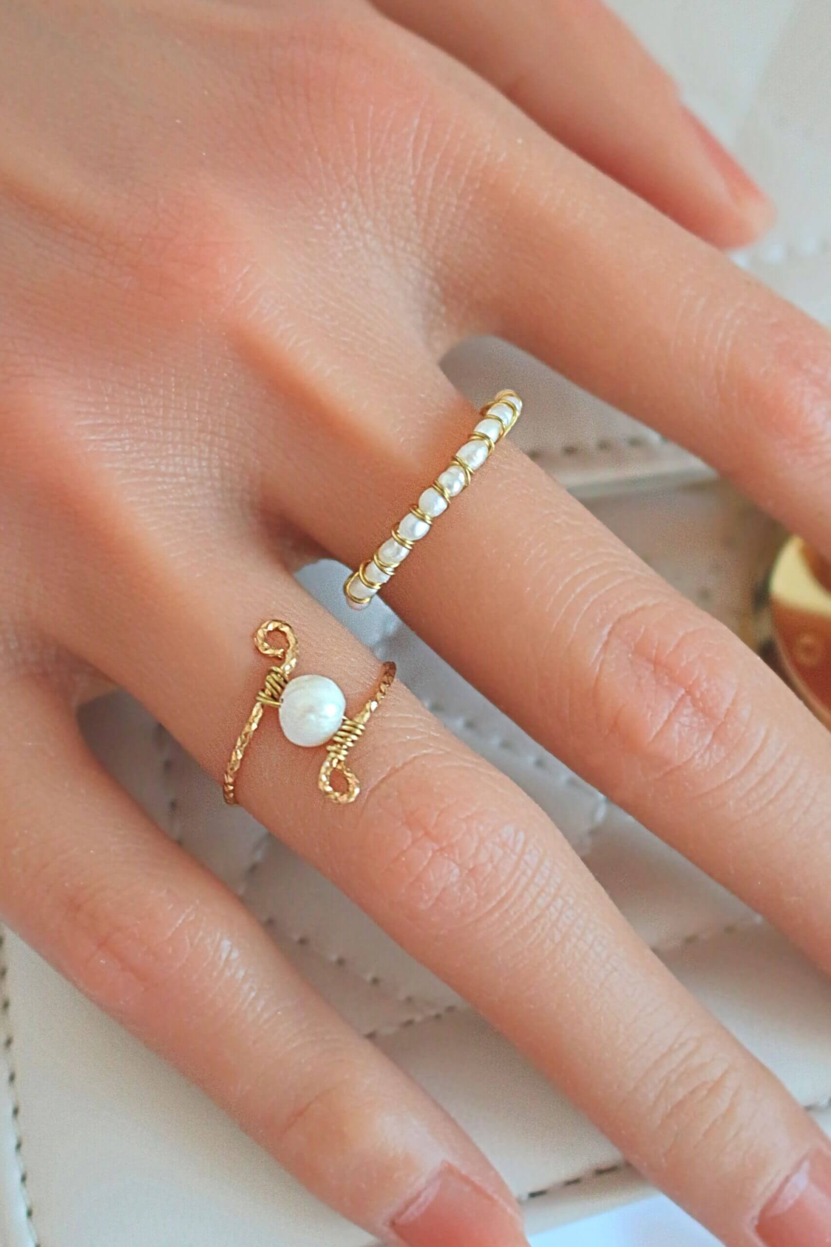 "Mademoiselle" | Solitaire & Band Freshwater Pearls Hand Wired Rings Bundle (2 Items)-1