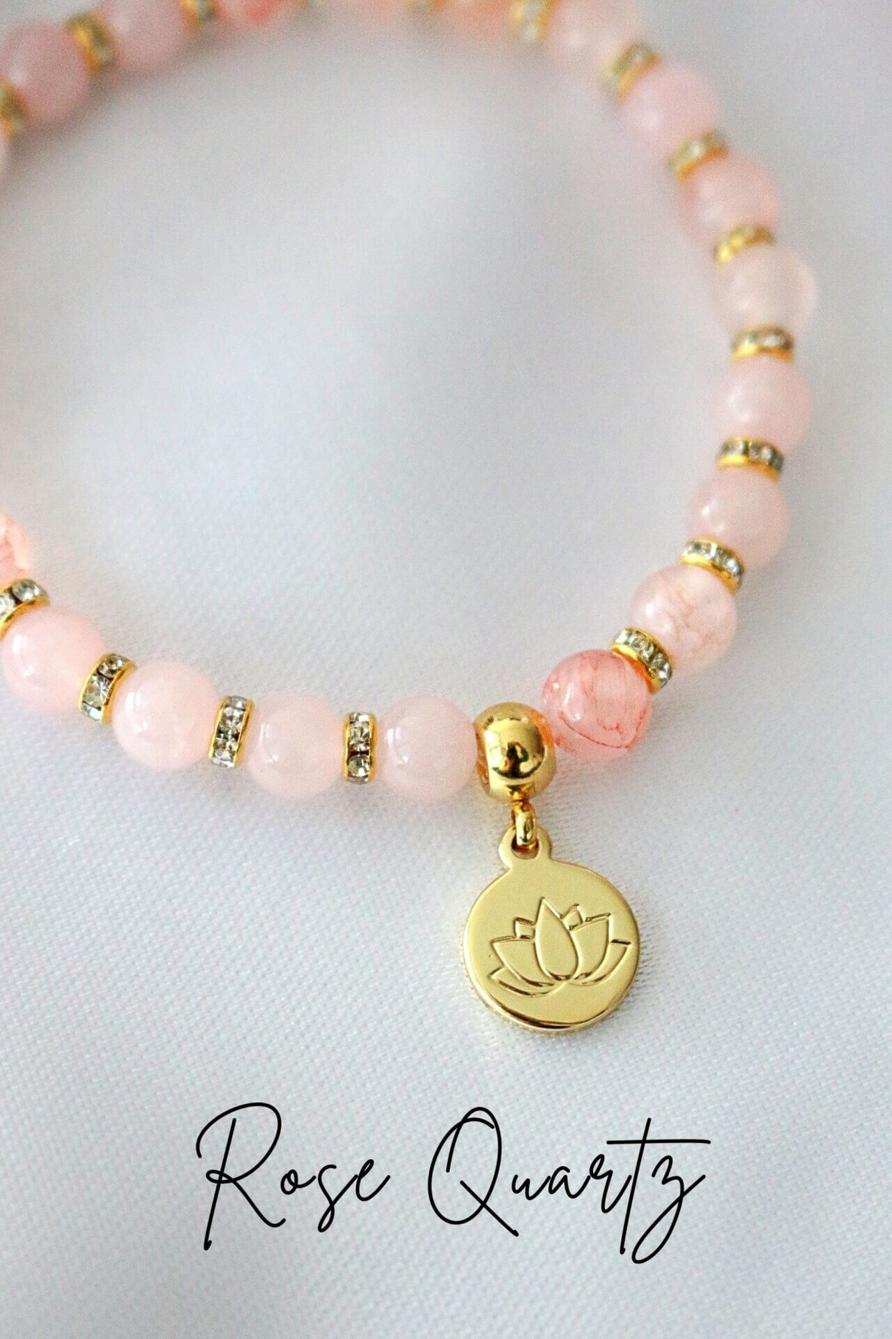 "Peace & Love" Rose Quartz - Amethyst Elastic Bracelet | 24K Lotus Flower Charm-3