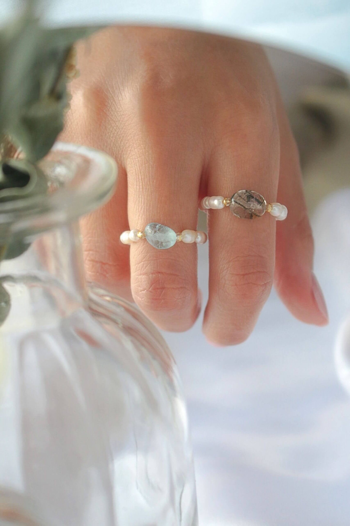 Elastic Rings with Natural Crystals & Freshwater Pearls-5