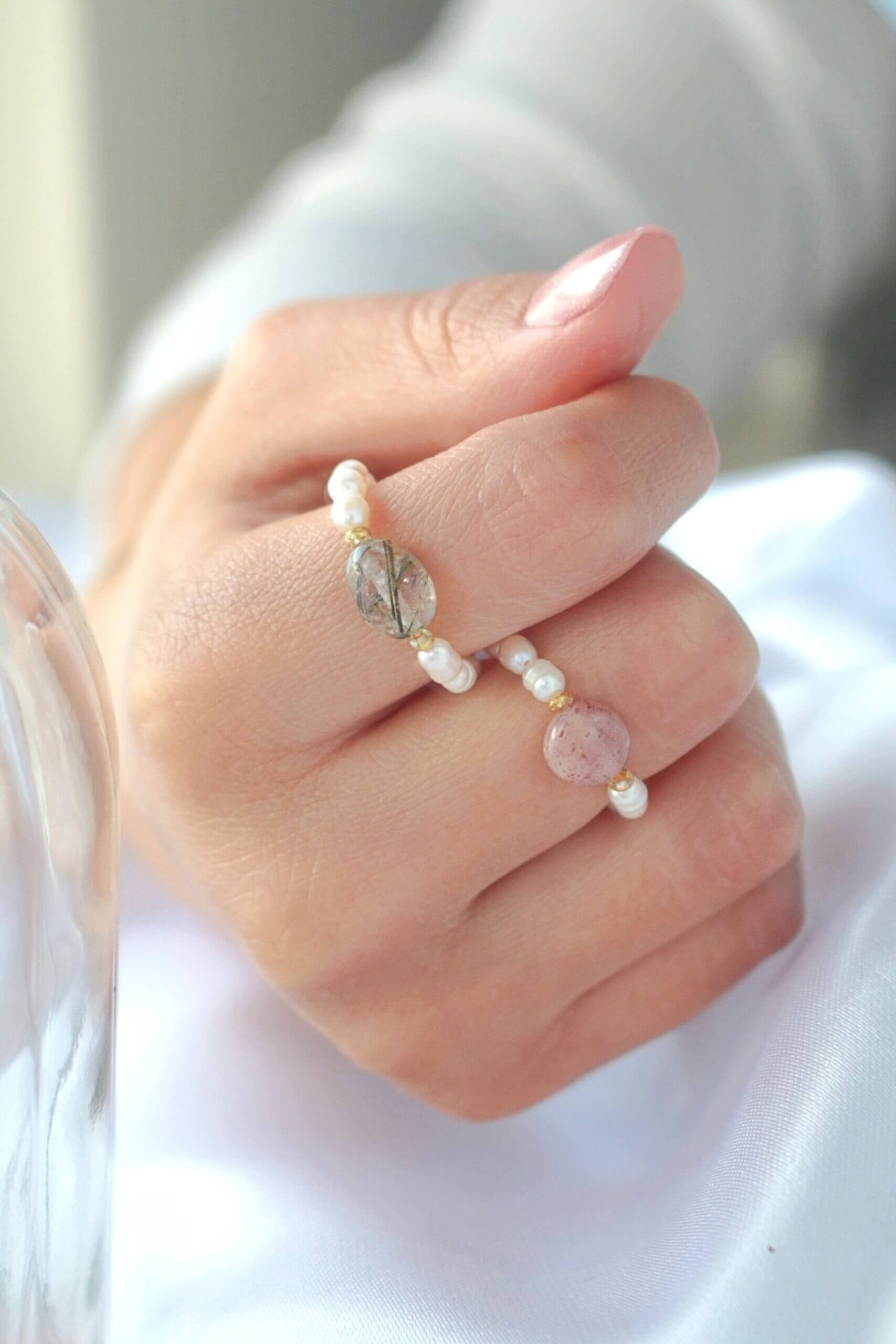 Elastic Rings with Natural Crystals & Freshwater Pearls-6
