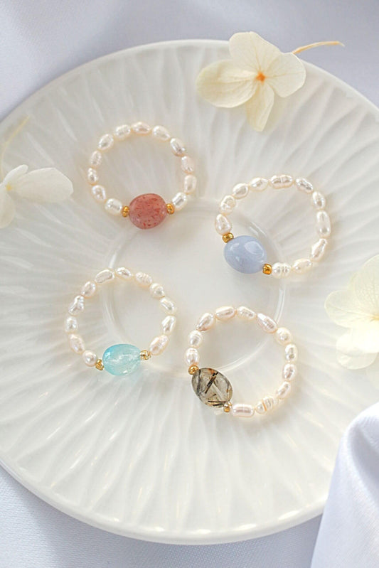 Elastic Rings with Natural Crystals & Freshwater Pearls-0